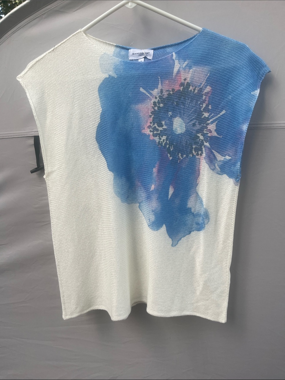 White Knit Tank with Blue Floral Watercolor Detail